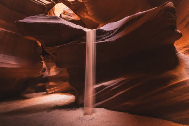 Antelope Canyon Sandfall Page Arizona USA Sandfall a beautiful natural phenomenon inside the majestic Antelope Canyon in early morning light. Long time Exposure. Motion Blured Sandfall. Page, Arizona, USA page arizona stock pictures, royalty-free photos & images