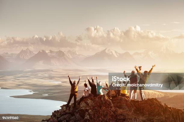 Big Group Of People Success Mountain Top Stock Photo - Download Image Now - Teamwork, Mountain, Group Of People