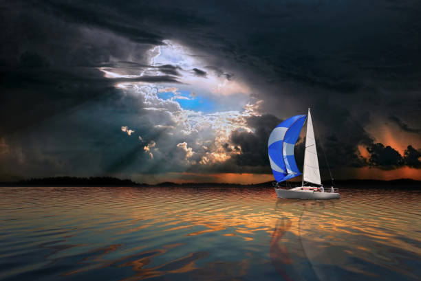 Sailboats on the beautiful Lake of the Southern Ural of Russia.Yacht and beautiful seascape.