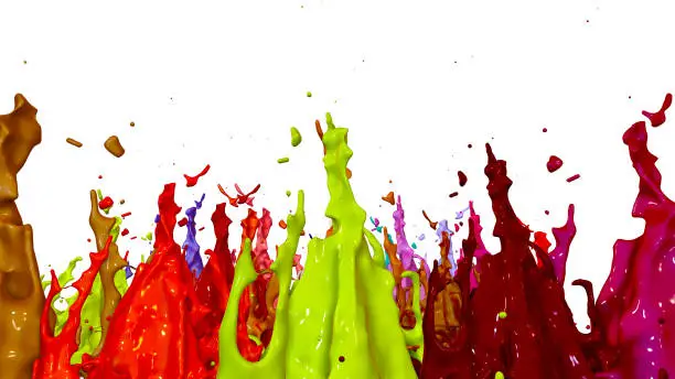 paints dance on white background. Simulation of 3d splashes of ink on a musical speaker that play music. beautiful splashes as a bright background in ultra high quality.