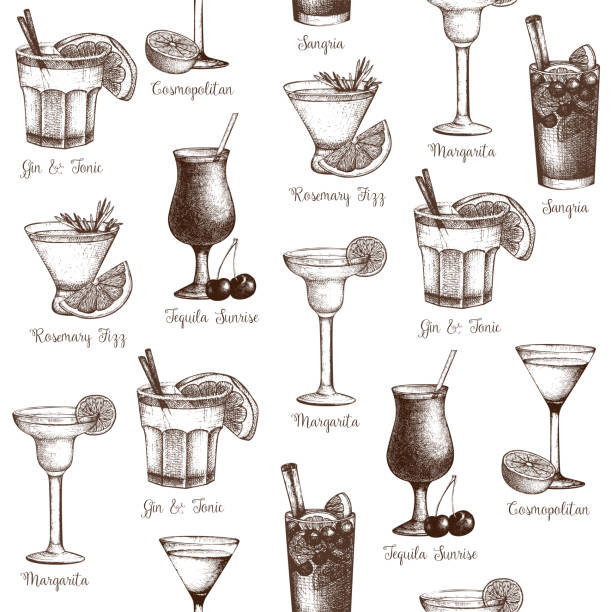 Vector drinks seamless pattern Vector seamless  pattern with vintage alcoholic cocktails sketch. Ink hand drawn drinks and ingredients background for bar or restaurant menu margarita illustrations stock illustrations