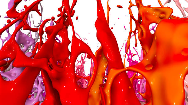 istock paints dance on white background. Simulation of 3d splashes of ink on a musical speaker that play music. beautiful splashes as a bright background in ultra high quality. shades of red v39 941503930