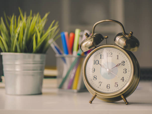 istock Vintage alarm clock and pen box, flower pot on table desk. 941507460