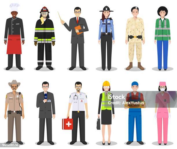 People Occupation Characters Set In Flat Style Isolated On White Background Different Men And Women Professions Characters Standing Together Templates For Infographic Sites Social Networks Vector Stock Illustration - Download Image Now