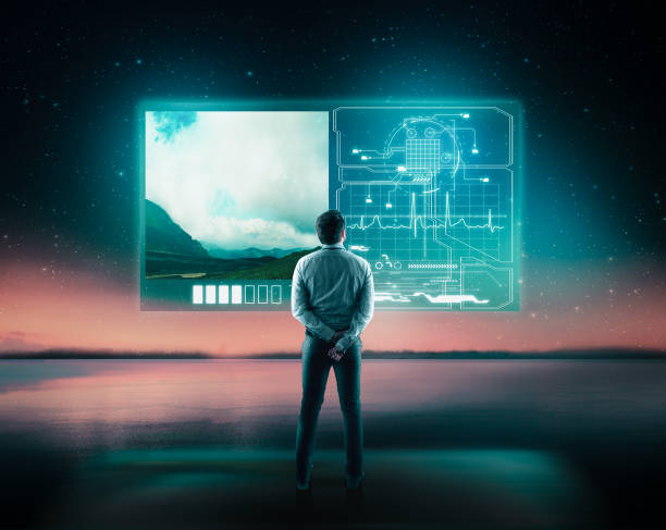 istock Businessman analyze information data on digital screens outdoor. 941511372