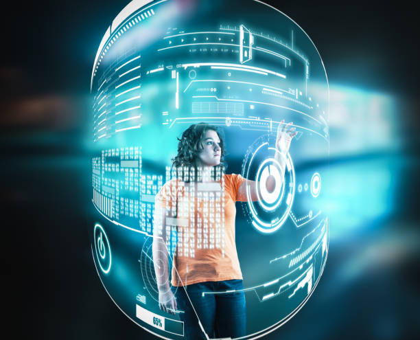 istock Woman working on hologram of a digital screen, displayed with data. 941511542