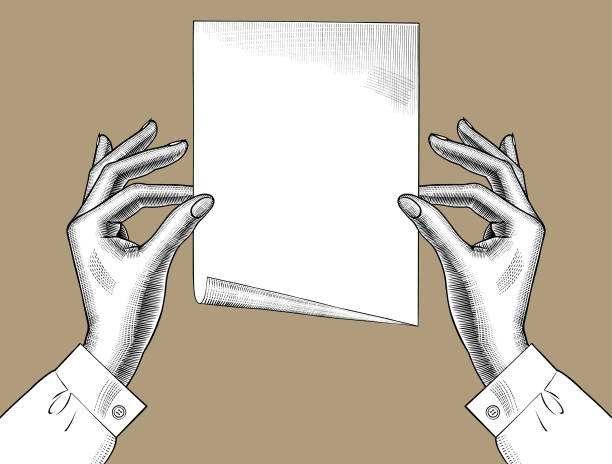 Woman's hands holding a paper sheet. Vintage engraving stylized drawing. Retro concept poster and banner. Vector illustration