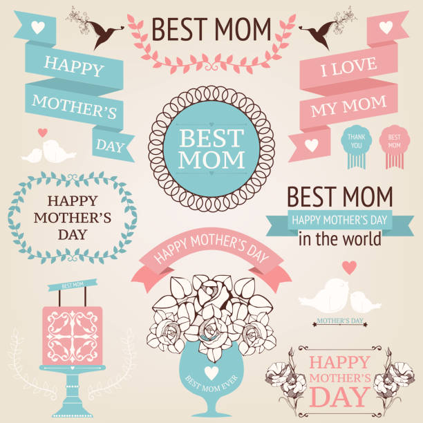 Mothers Day design Vector collection of decorative design elements for Mother's day celebration  isolated on white hummingbird cake stock illustrations