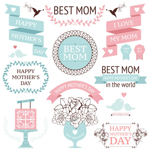 Mothers Day design Vector collection of decorative design elements for Mother's day celebration  isolated on white hummingbird cake stock illustrations