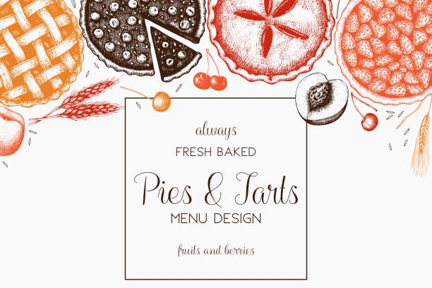 Pies_Tarts_5 Vector dessert menu design for restaurant or cafe. Vintage template with hand drawn fruit and berry cake, pie, ice cream sketch. Sweet bakery illustration ice pie stock illustrations