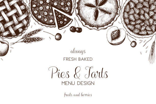 Pies_Tarts_6 Vector dessert menu design for restaurant or cafe. Vintage template with hand drawn fruit and berry cake, pie, ice cream sketch. Sweet bakery illustration ice pie stock illustrations