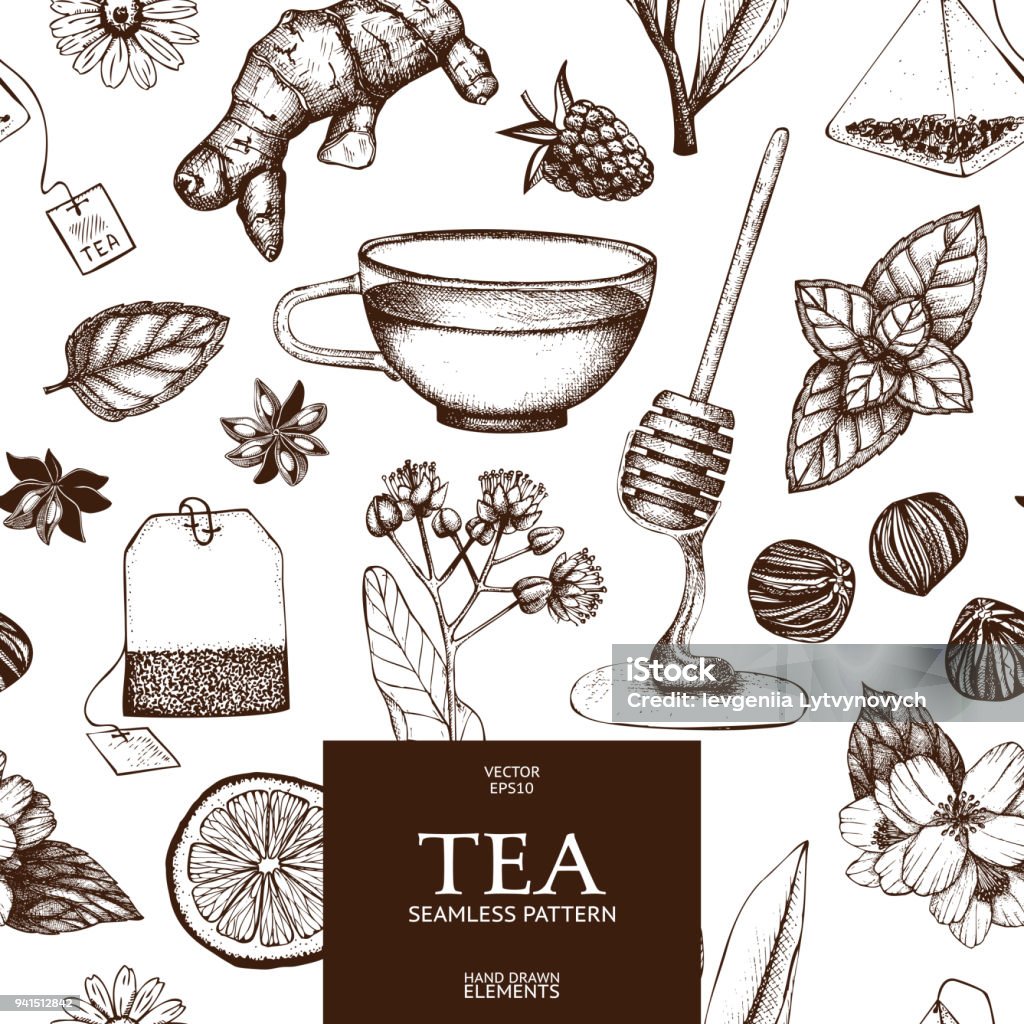 Vector tea pattern Vector seamless pattern with  hand drawn tea illustration. Decorative inking background with vintage tea sketch. Sketch stock vector