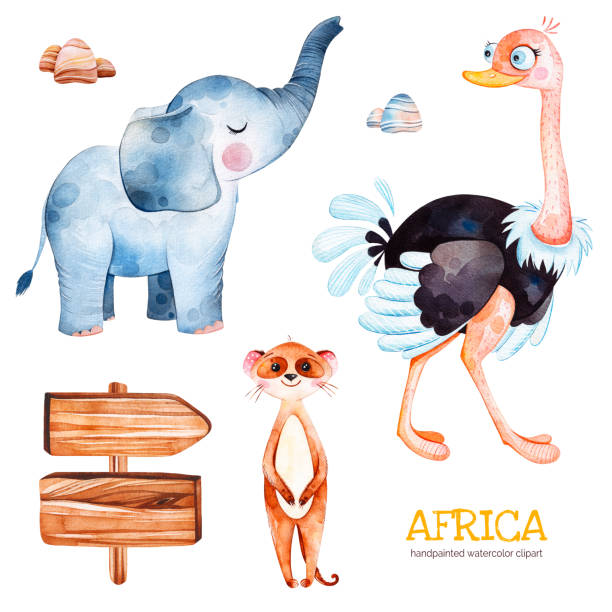 サファリ オーストリッチ、象、meercat、木製看板とコレクションの石します。 - animal cartoon zoo safari点のイラスト素材／クリップアート素材／マンガ素材／アイコン素材