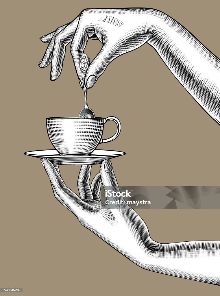 Pair of female hands with a coffee cup and spoon Pair of female hands with a coffee cup and spoon. Vintage engraving stylized drawing. Vector illustration Coffee - Drink stock vector