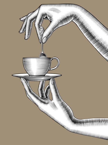 Pair of female hands with a coffee cup and spoon Pair of female hands with a coffee cup and spoon. Vintage engraving stylized drawing. Vector illustration cutlery cartoons stock illustrations