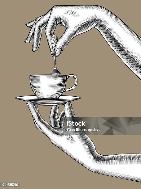 Pair Of Female Hands With A Coffee Cup And Spoon Stock Illustration - Download Image Now - Coffee - Drink, Retro Style, Tea - Hot Drink