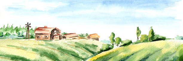 istock Farm in rural landscape. Watercolor hand drawn horizontal illustration 941517934
