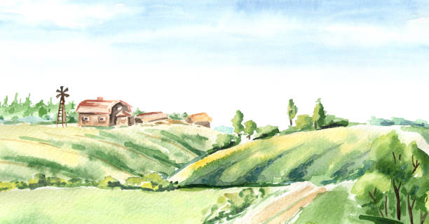 istock Old farm in rural landscape. Watercolor hand drawn horizontal illustration 941517966