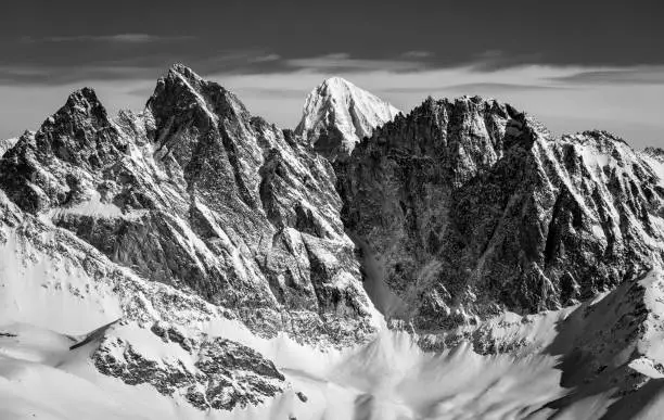 Dent Blanche, an imposing peak in the Alps of Switzerland, perfectly captured in black and white.