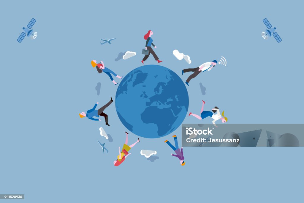 Working people traveling along the Earth globe Group of working people traveling along the Earth globe. Conceptual illustration metaphor of globalization and labor mobility. Global Business stock vector