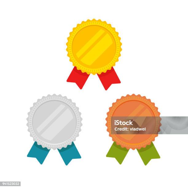 Medals Vector Set Isolated Flat Cartoon Gold Bronze And Silver Medal With Red Green And Blue Ribbon Sport Award Medallions Idea Of Blank Quality Or Best Badge Or Label Guarantee Emblems Clipart Stock Illustration - Download Image Now