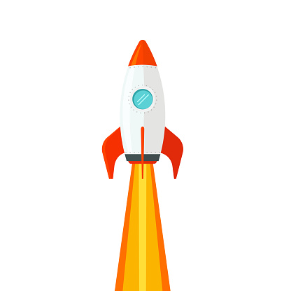 Rocket ship flying isolated on white background vector illustration, flat cartoon design of rocketship launch, missile flight