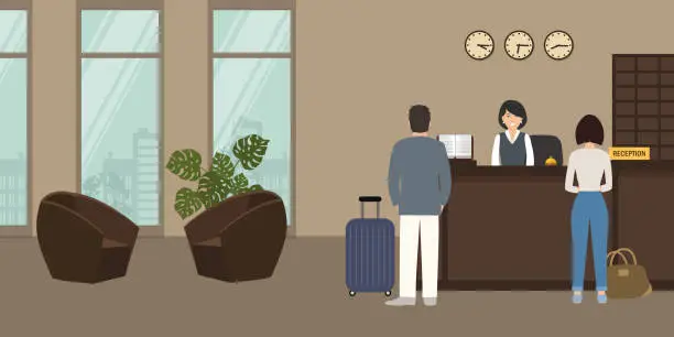 Vector illustration of Hotel reception. Receptionist stands at reception desk. There are also visitors here