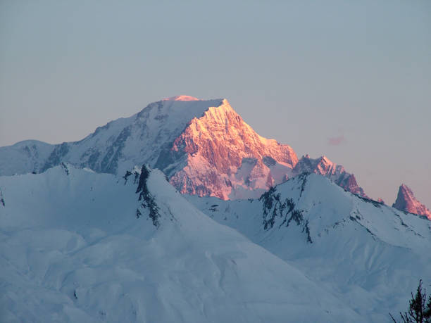 Mont Blanc red Close view of Mont Blanc from Les Arcs with morning light tincturing it red mont blanc photos stock pictures, royalty-free photos & images