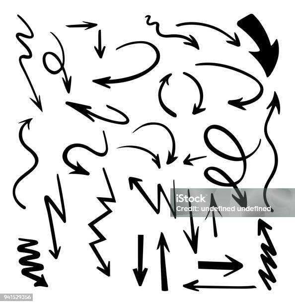 Vector Abstract Black Hand Drawn Arrows Setillustration Of Grunge Sketch Handmade Vector Arrow Setarrow Grunge Vector Stock Illustration - Download Image Now