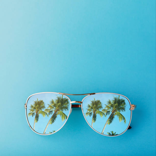 Sunglasses with palm trees reflected in them and space for text, top view Sunglasses with palm trees reflected in them and space for text, top view beach party stock pictures, royalty-free photos & images