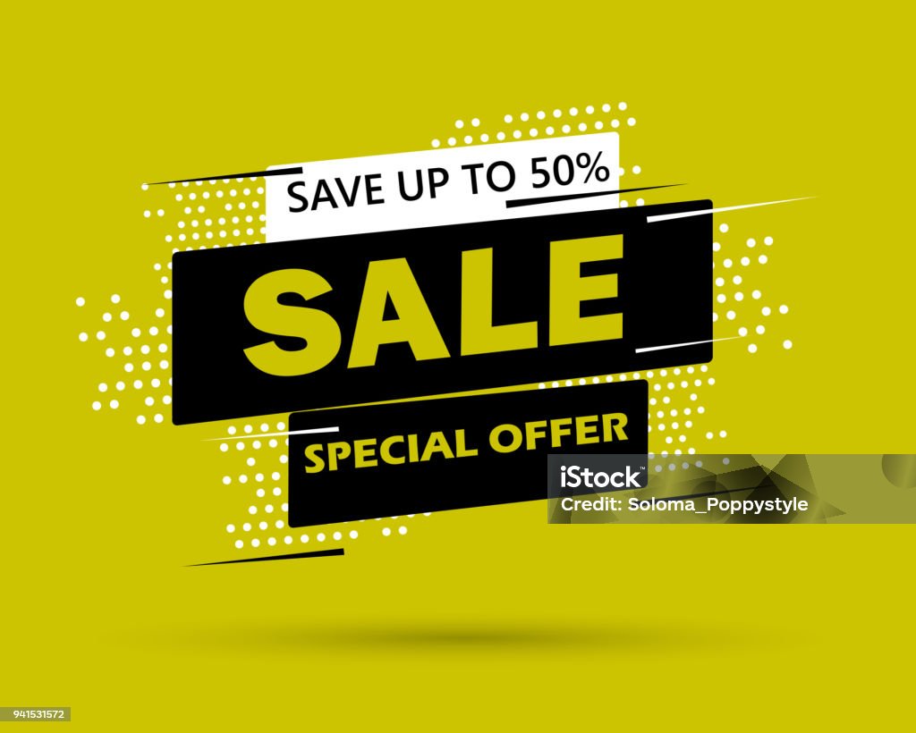 Super Sale and special offer. 50% off. Vector illustration. Trendy neon geometric figures wallpaper in a modern material design style. Coloured banner Sale stock vector