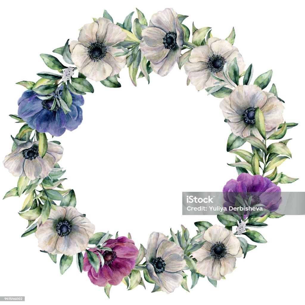 Photo De Fleur A Imprimer En Couleur Couronne Daquarelle Avec Anémone De Couleur Et Deucalyptus Main Bleus Violettes Roses Fleurs Peintes Et Feuilles Isolés Sur Fond Blanc Botanical Illustration Florale Pour La Conception Arrièreplan Imprimer Vecteurs libres de droits