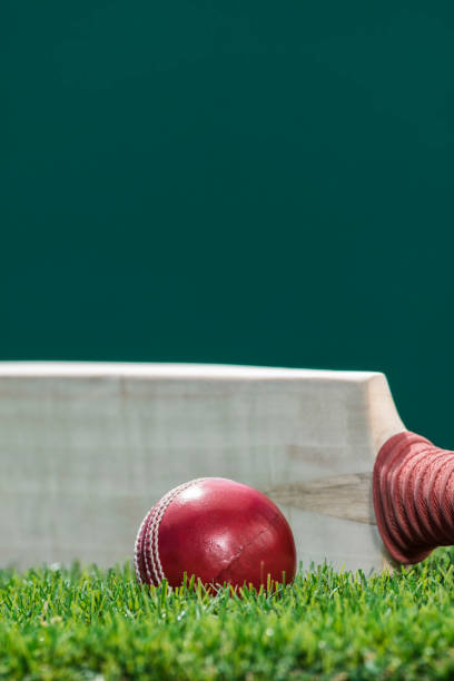A Cricket ball sitting in the grass with a bat on edge A red Cricket Ball sitting in the grass with a wooden Cricket bat sitting on it's edge in a stadium with a green wall in the background. test cricket stock pictures, royalty-free photos & images