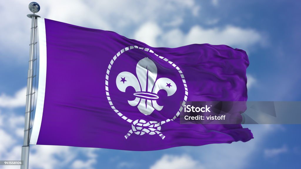 Scout Purple Waving Flag Scout purple flag waving against clear blue sky, close up, isolated with clipping path mask luma channel, perfect for film, news, composition Boy Scout Stock Photo
