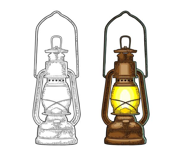 Antique retro gas lamp. Vintage color engraving illustration Antique retro gas lamp. Vintage color engraving illustration for poster, web. Isolated on white background. camping drawings stock illustrations