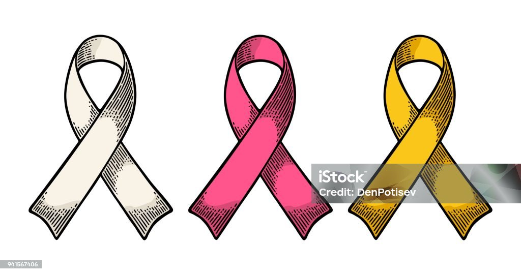 Set color ribbons aids awareness isolated on white background. Set color ribbons aids awareness isolated on white background. Vector vintage engraving illustration for web and poster. Hand drawn in a graphic style. Cancer - Illness stock vector