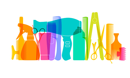Colourful overlapping silhouettes of hairdressing equipment
