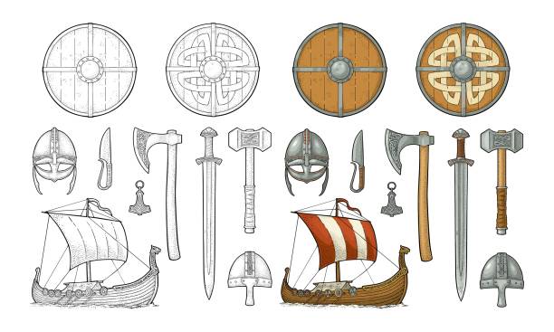 ilustrações, clipart, desenhos animados e ícones de conjunto de viking. faca, drakkar, machado, capacete, espada, martelo, amuleto de thor - drakkar