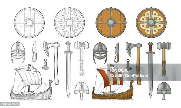 Set Viking Knife Drakkar Axe Helmet Sword Hammer Thor Amulet Stock Illustration - Download Image Now