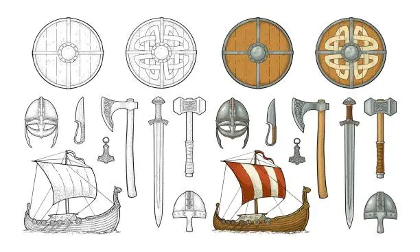 Vector illustration of Set viking. Knife, drakkar, axe, helmet, sword, hammer, thor amulet