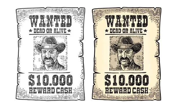 Vector illustration of Wanted poster with man in hat. Vintage engraving