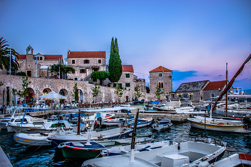 Evening view at fmous torurist resort Bol on Island Brac, Croatia Mediterranean.