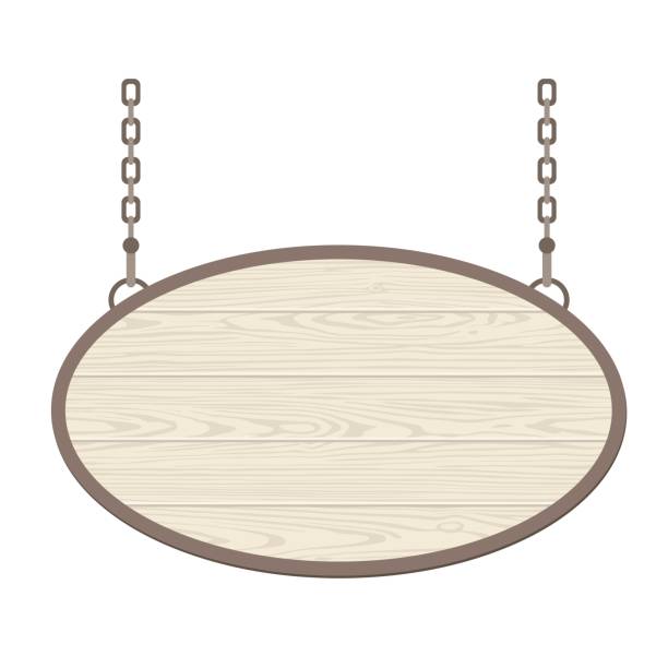 istock Blank oval wooden signboard hanging on metallic chain. Vector flat monochrome 941571510
