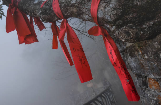 detalle de amor cerraduras con cintas rojas en zhangjiajie - hubei province fotografías e imágenes de stock