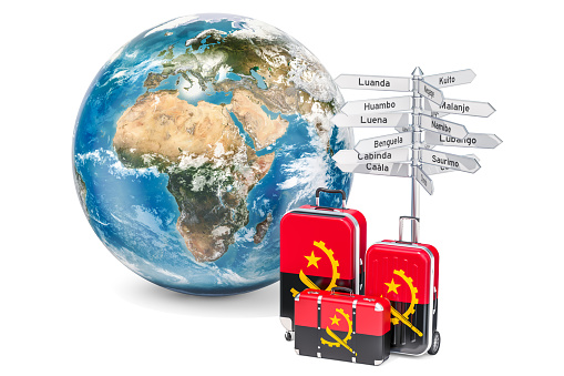 Concepto de viaje de Angola. Maletas con Angola bandera, poste indicador y terráqueo. photo