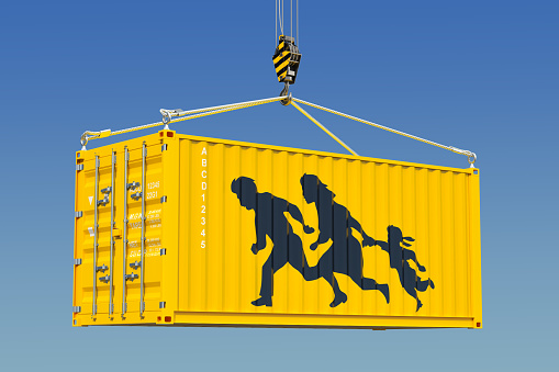 Contrabando, concepto de entrada ilegal de migrantes. Render 3D photo