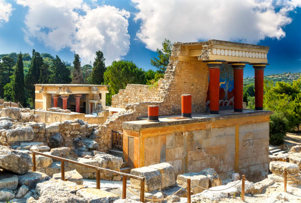 Knossos palace at Crete. Knossos Palace ruins. Heraklion, Crete, Greece. Detail of ancient ruins of famous Minoan palace of Knossos. stock photo