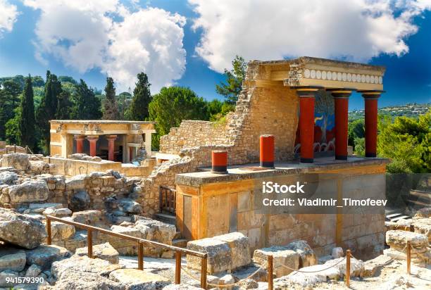 Knossos Palace At Crete Knossos Palace Ruins Heraklion Crete Greece Detail Of Ancient Ruins Of Famous Minoan Palace Of Knossos Stock Photo - Download Image Now