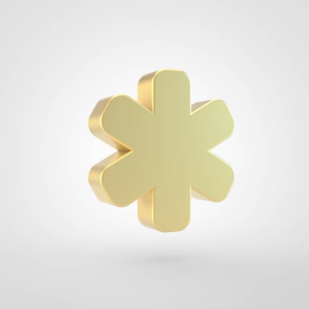 Asterisk icon. 3d render of golden basterisk symbol isolated on white background.