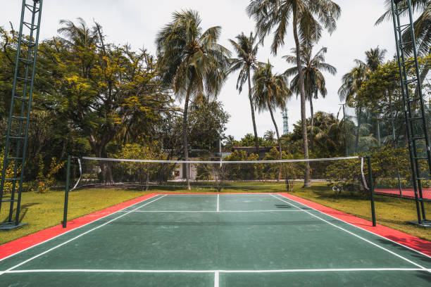 corte de badminton no luxuoso resort maldivas, grande angular de tiro - badminton court - fotografias e filmes do acervo